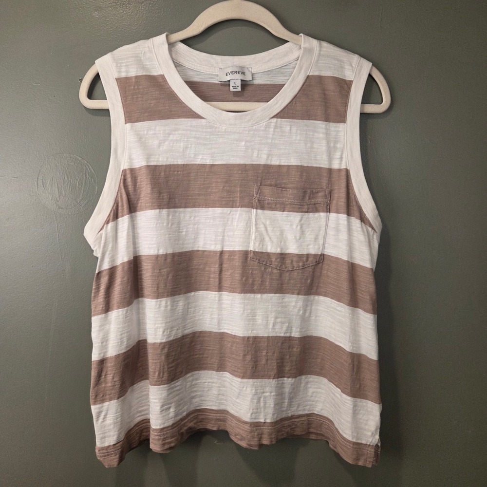 Evereve Women's L Emery Pocket Tank 100% Pima Cotton Slub Jersey Knit Striped